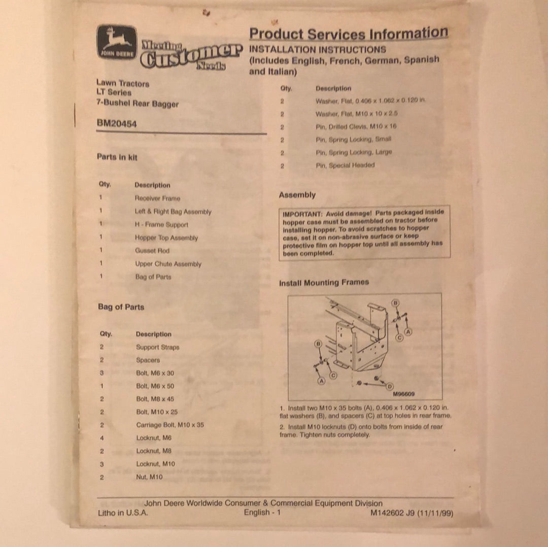 John Deere Installation Instructions 7 Bushel Rear Bagger