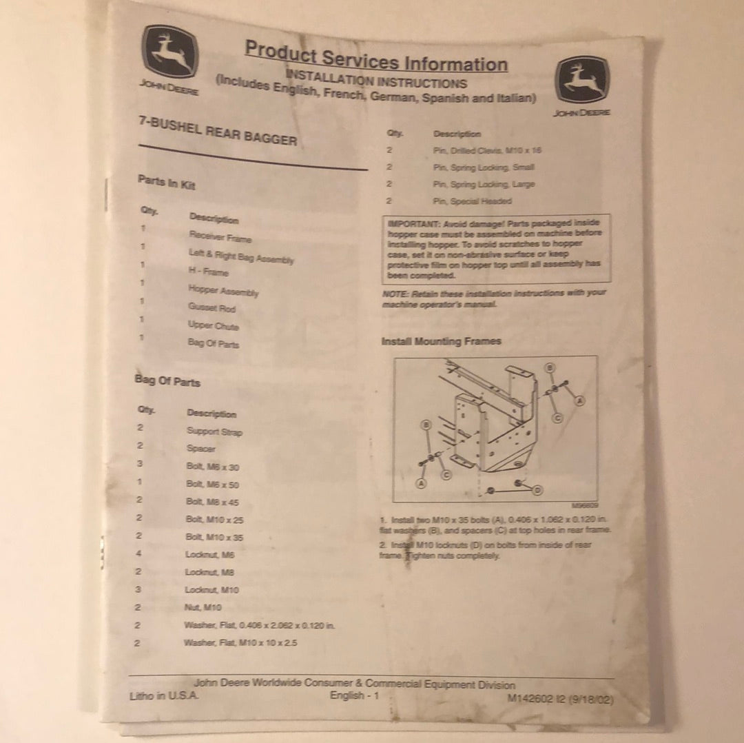 John Deere Installation Instructions 7 Bushel Rear Bagger