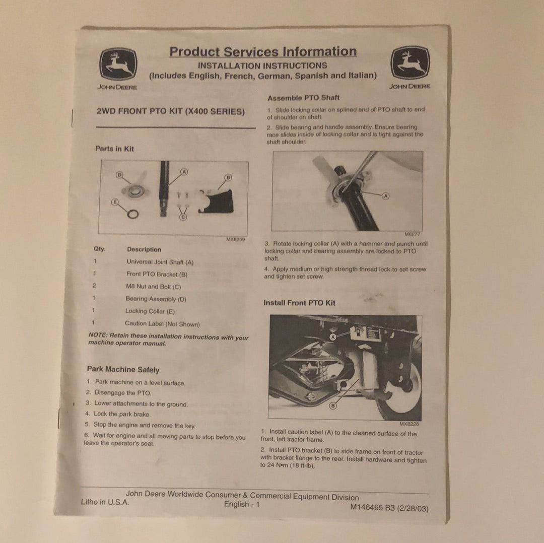 John Deere 2WD PTO Kit (x400 series) _ Product Services Information