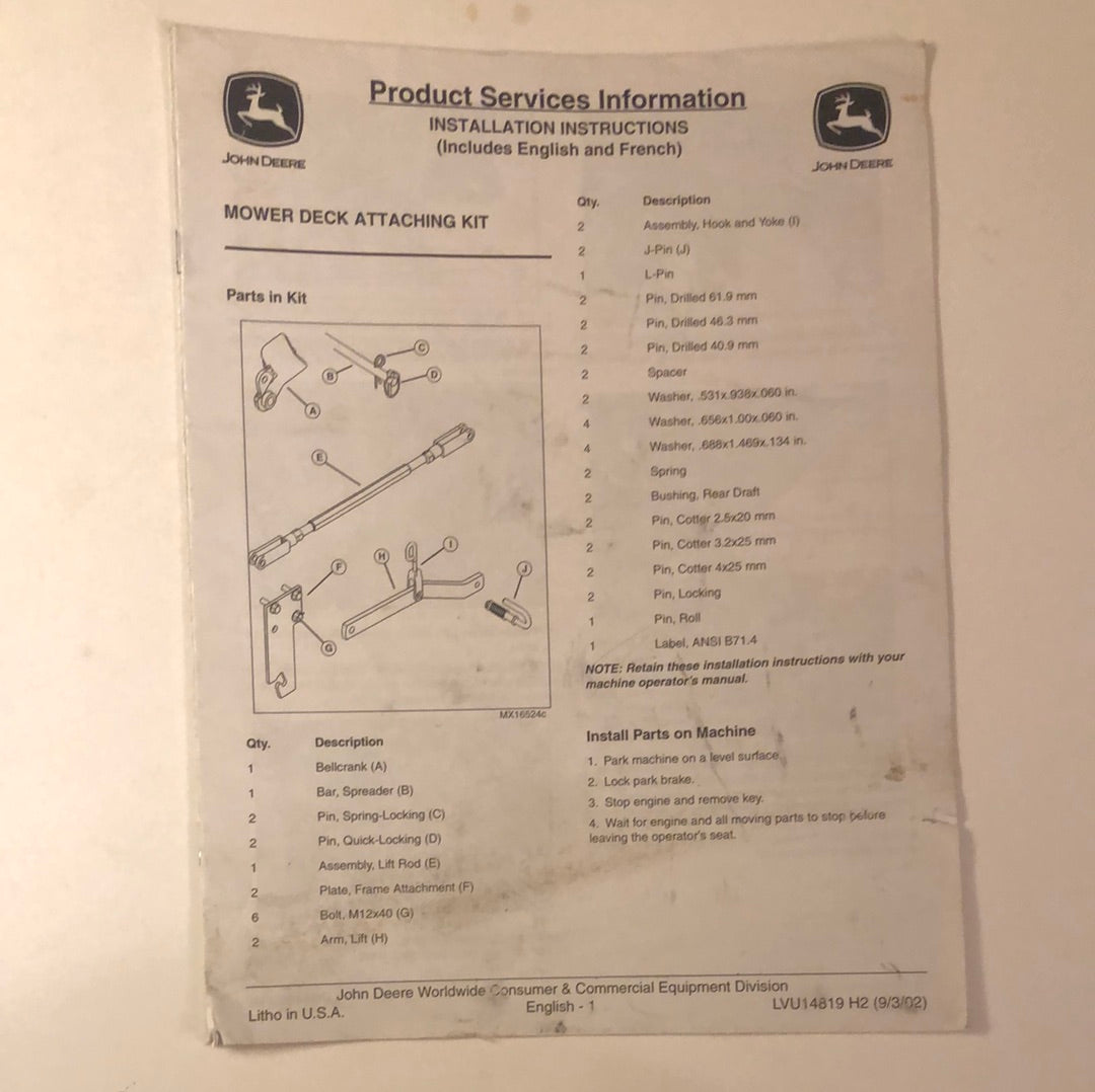 John Deere Mower Deck Attaching Kit _ Product Services Information