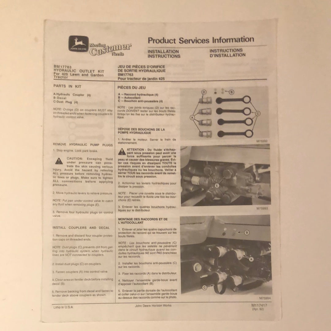 John Deere BM17763 Hydraulic Outlet Kit for 425 Lawn and Garden Tractors _Product Services Information