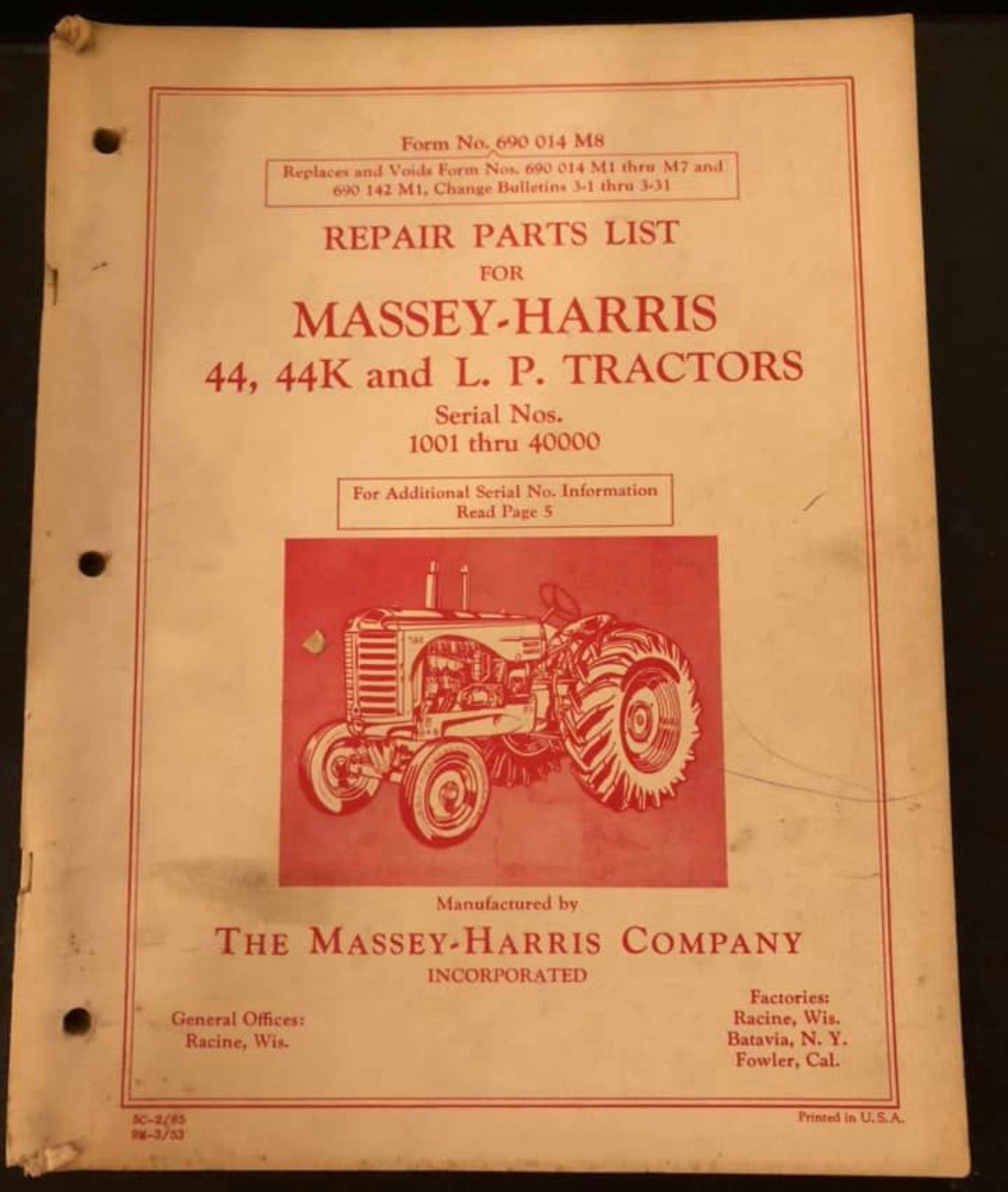 Massey Harris 44 Tractors  __ Repair Parts List