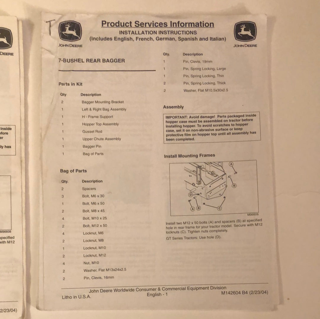 John Deere Installation Instructions 7 Bushel Rear Bagger