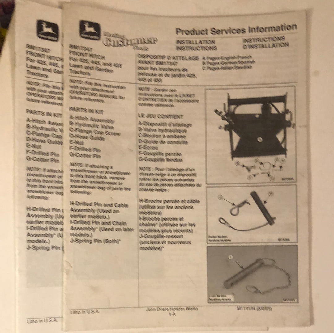 John Deere BM17346 Front Hitch for 424, 445 & 455 Lawn and Garden Tractors_Product Services Information