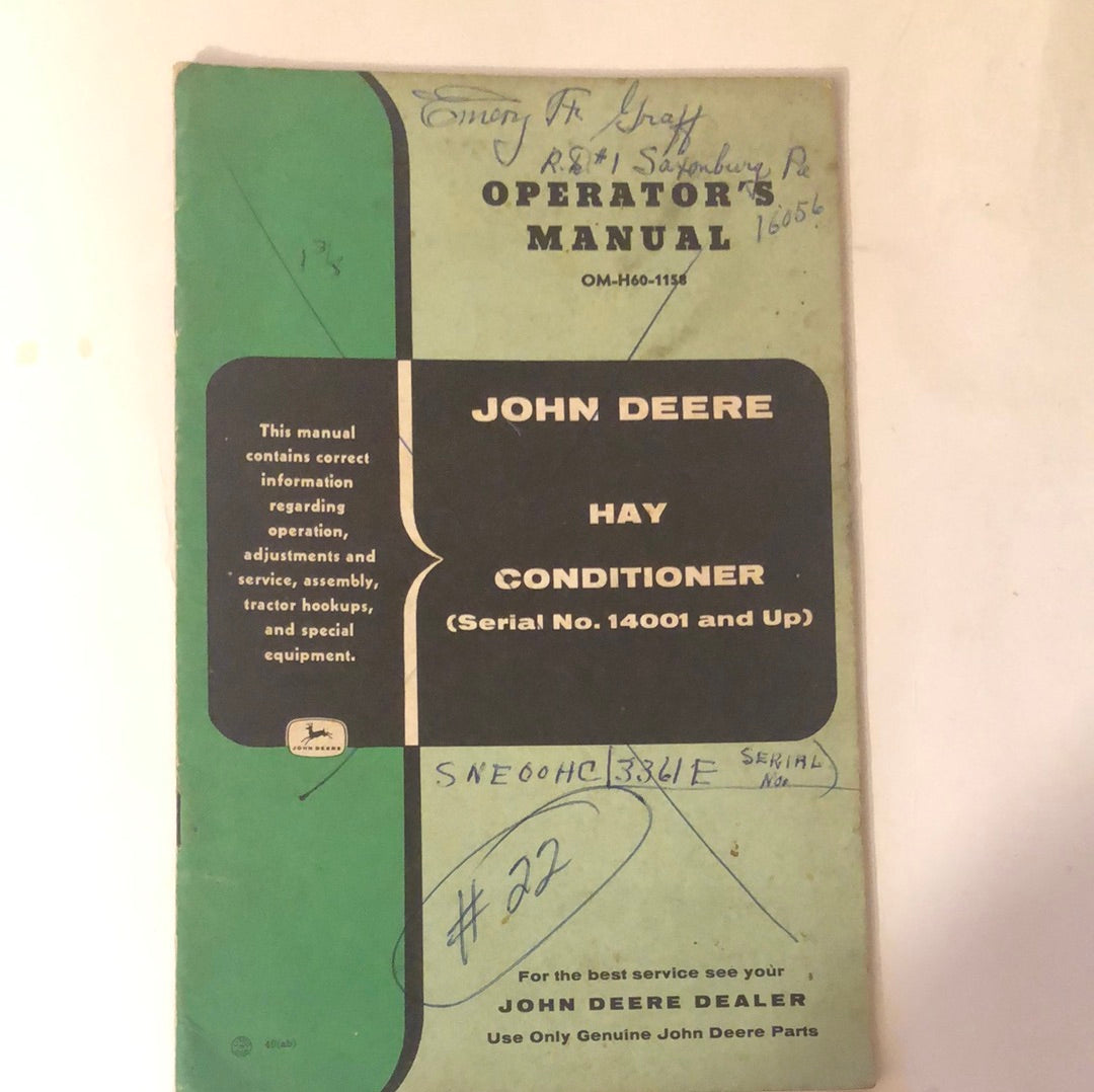 John Deere Hay Conditioner (serial no 14001 & up) OM-H60-1158 Operator’s Manual