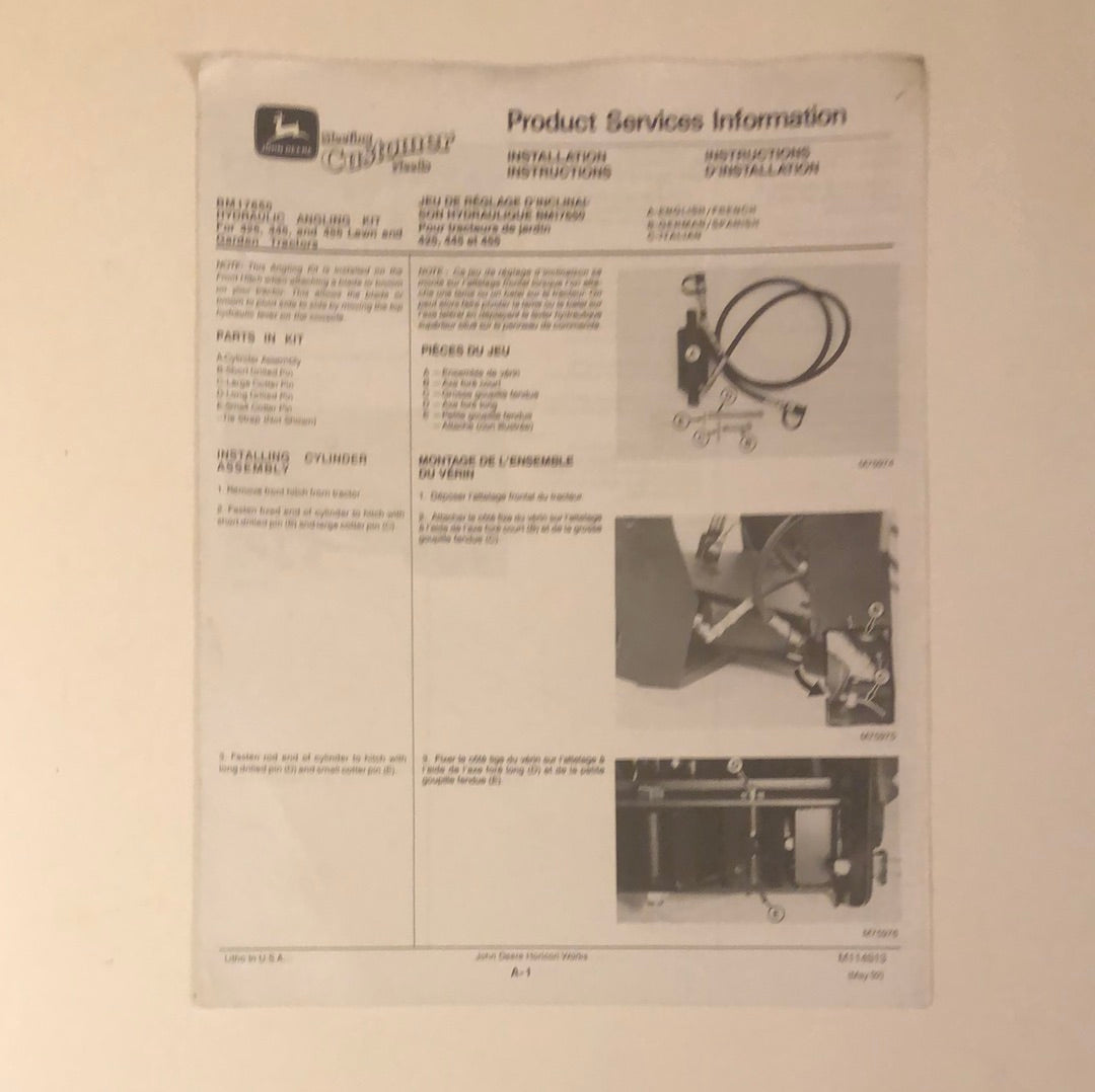 John Deere BM17650 Hydraulic Angling Kit for 425, 445 & 455 Lawn and Garden Tractors _Product Services Information