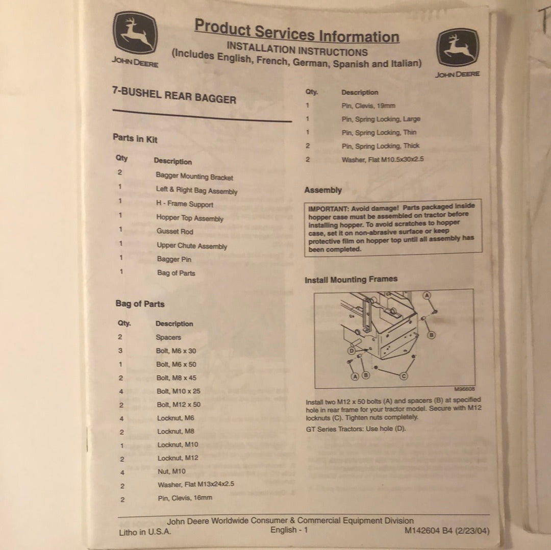 John Deere Installation Instructions 7 Bushel Rear Bagger