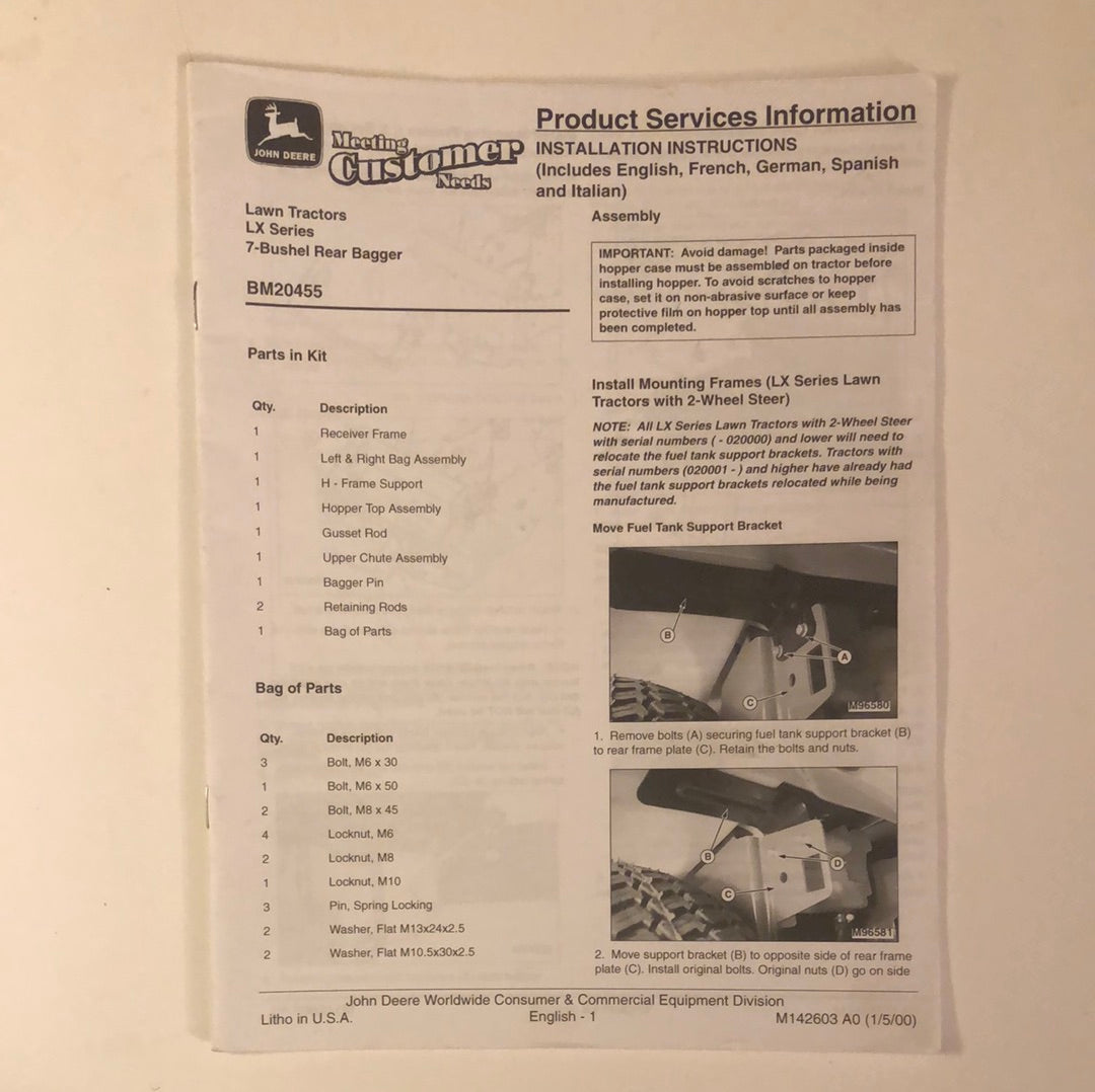 John Deere Installation Instructions 7 Bushel Rear Bagger