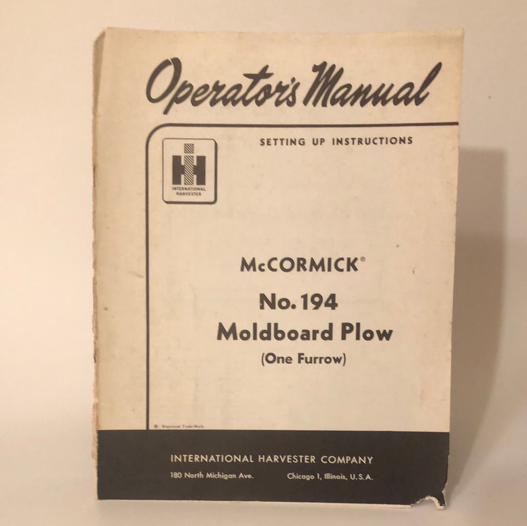 IH McCormick No 194 Moldboard Plow- Operator's Manual