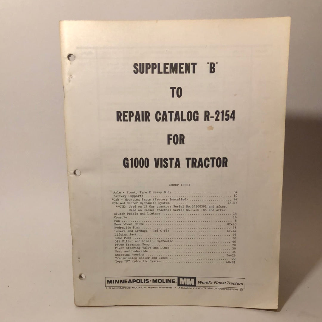 Minneapolis Moline - Supplement B to Repair Catalog R-2154 for G1000 Vista Tractor