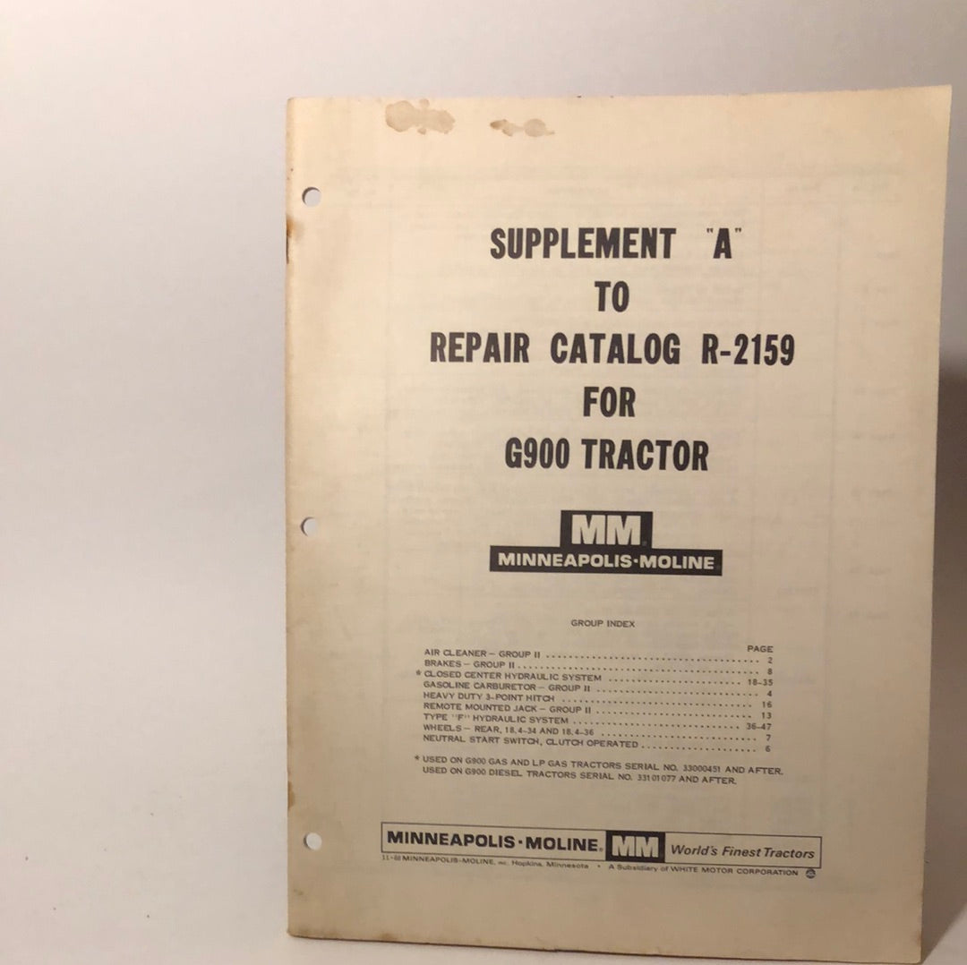 Minneapolis Moline - Supplement A to Repair Catalog R-2159 for G900 Tractor