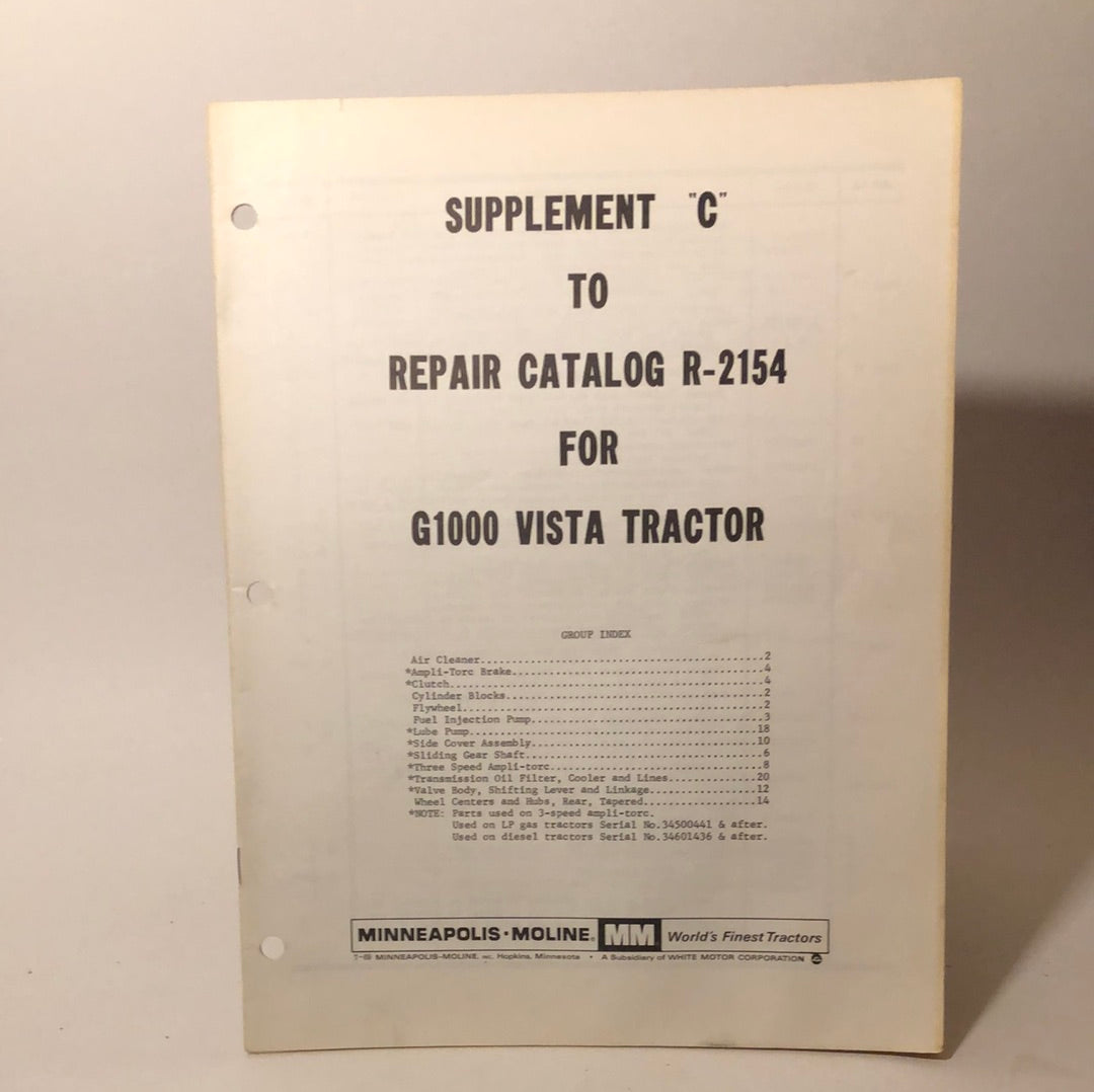 Minneapolis Moline - Supplement C to Repair Catalog R-2154 for G1000 Vista Tractor