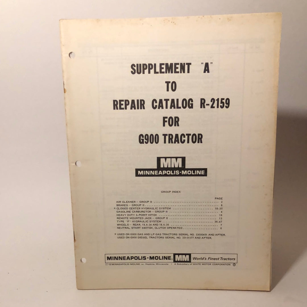 Minneapolis Moline - Supplement A to Repair Catalog R-2159 for G900 Tractor