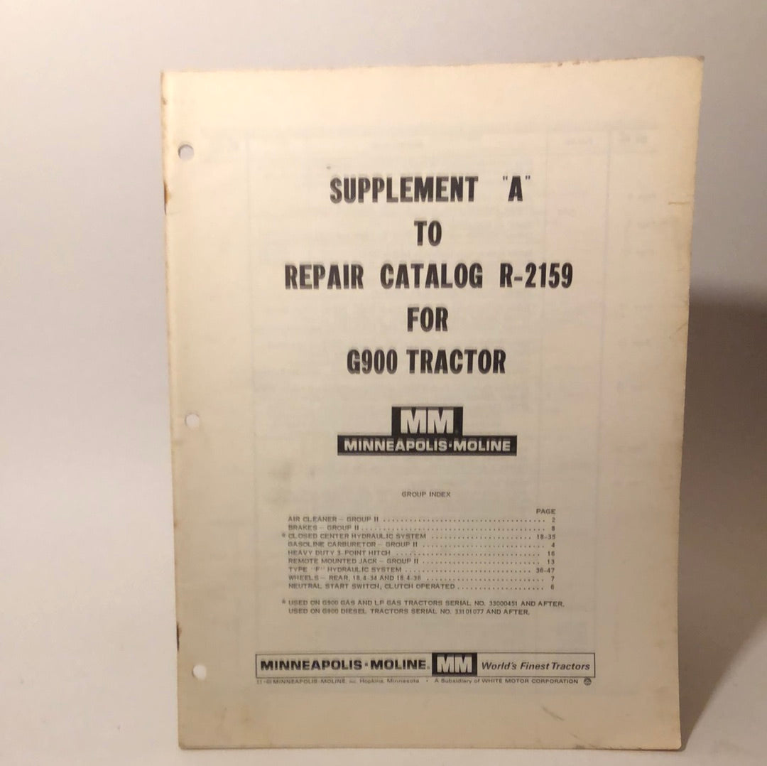 Minneapolis Moline - Supplement A to Repair Catalog R-2159 for G900 Tractor