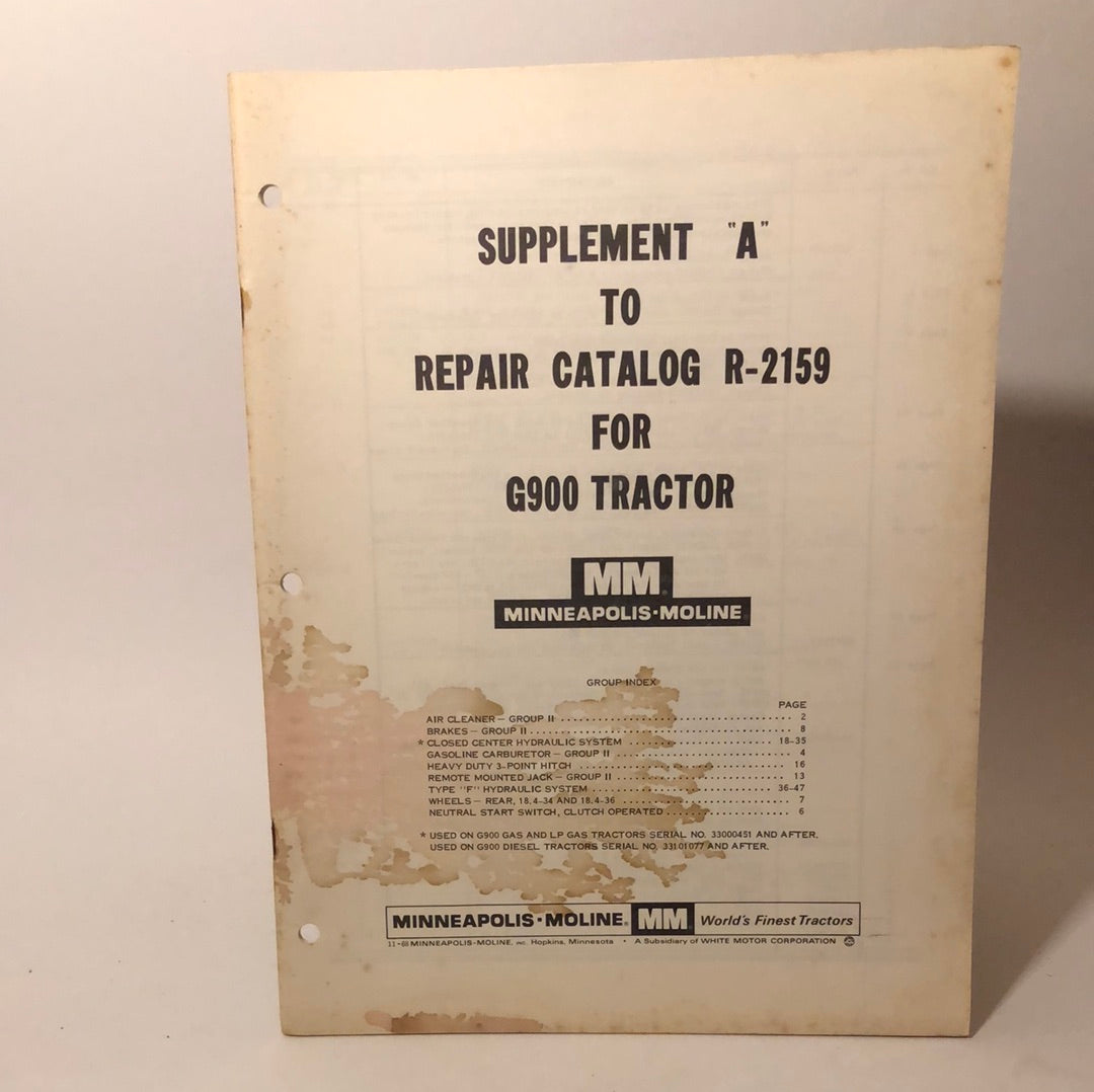 Minneapolis Moline - Supplement A to Repair Catalog R-2159 for G900 Tractor