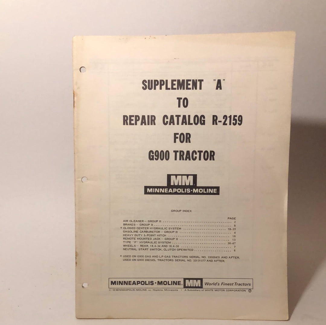 Minneapolis Moline - Supplement A to Repair Catalog R-2159 for G900 Tractor