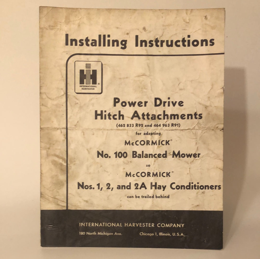 IH McCormick Power Drive Hitch Attachments  for No 100 Balanced Mower for pulling 1, 2, 2A Hay Conditioners