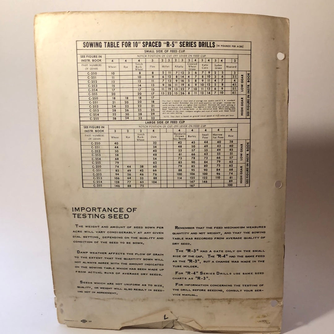 Minneapolis Moline Seed Charts for "R" Series Double Run Drills - C-11 & "P" Series Fluted Feed Drills