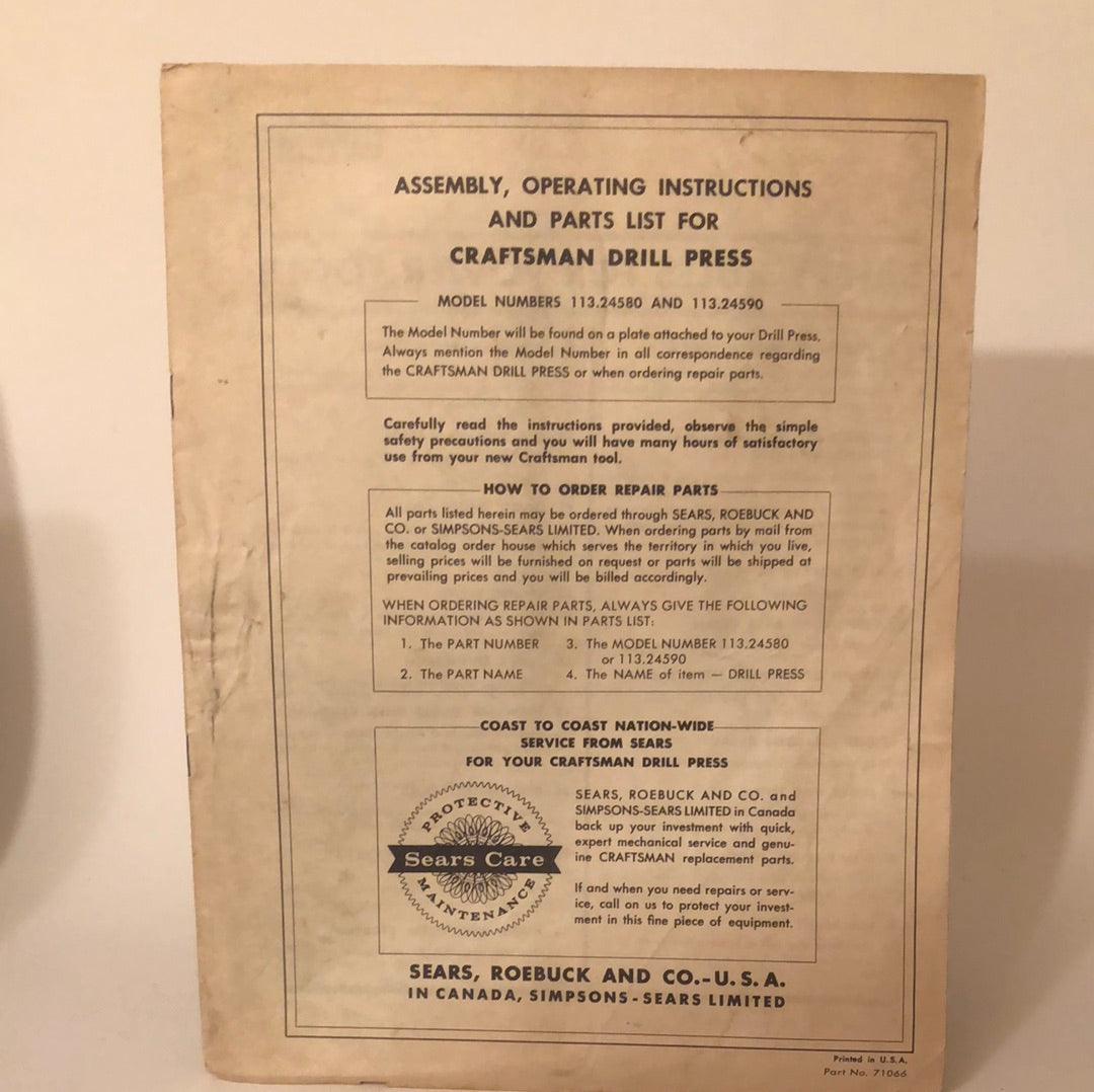 Sears, Roebuck & Co - Craftsman Drill Press - Assembly, Operating Instructions & Parts List