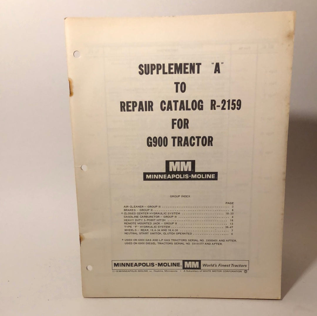 Minneapolis Moline - Supplement A to Repair Catalog R-2159 for G900 Tractor