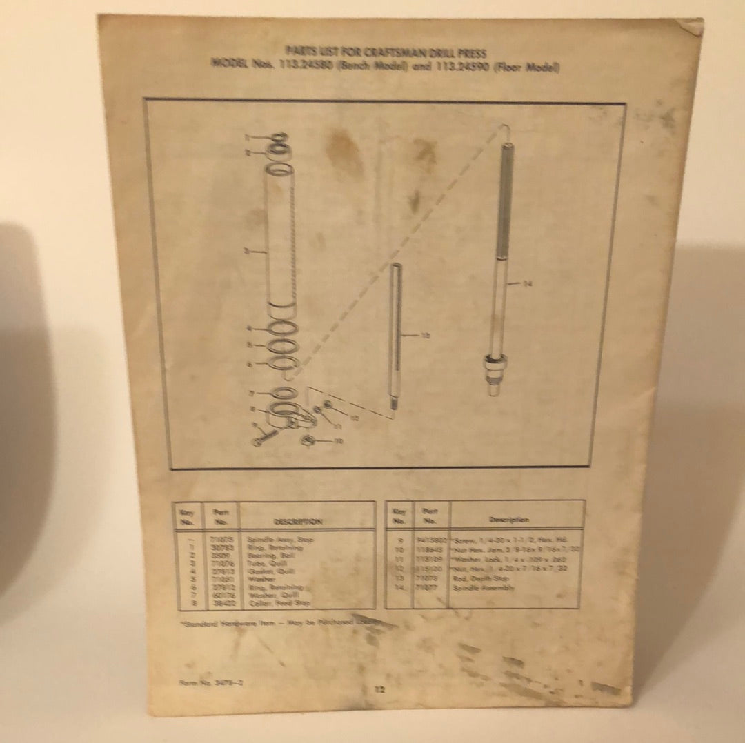 Sears, Roebuck & Co - Craftsman Drill Press - Assembly, Operating Instructions & Parts List