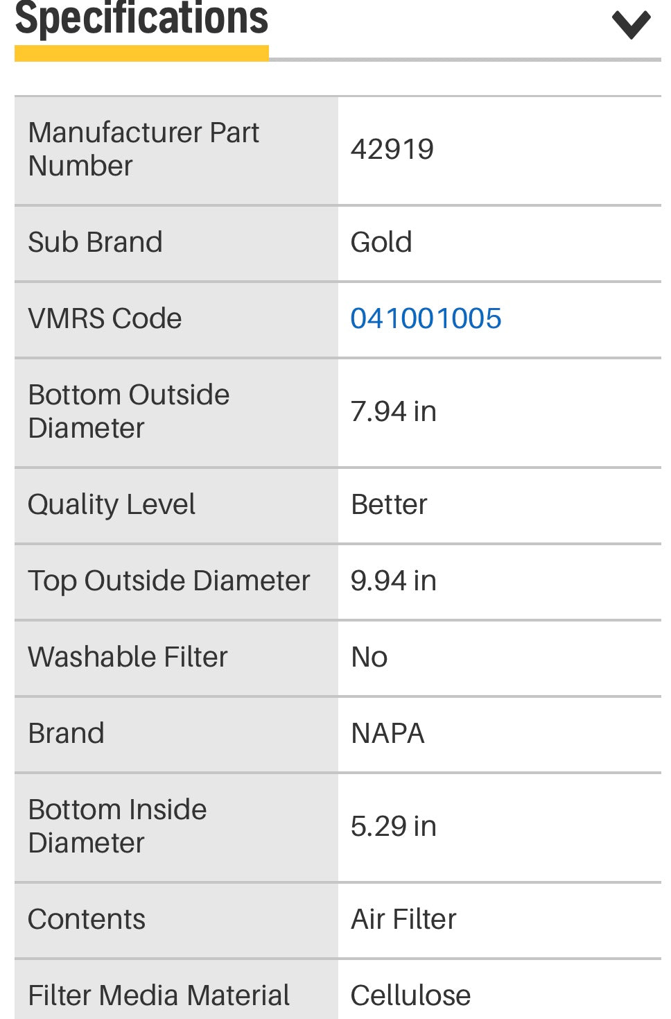 NAPA Gold Air Filter FIL 2919