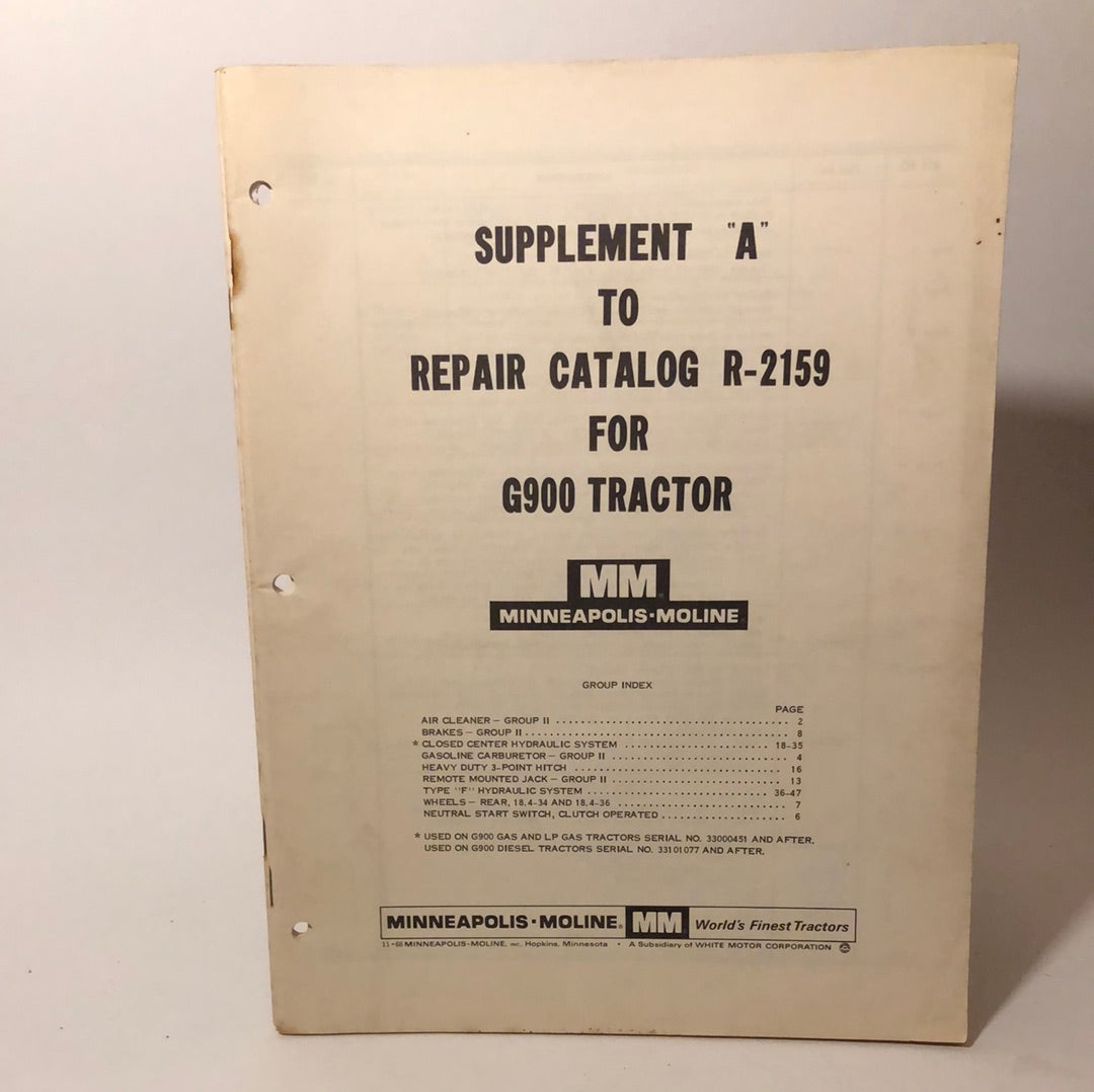 Minneapolis Moline - Supplement A to Repair Catalog R-2159 for G900 Tractor