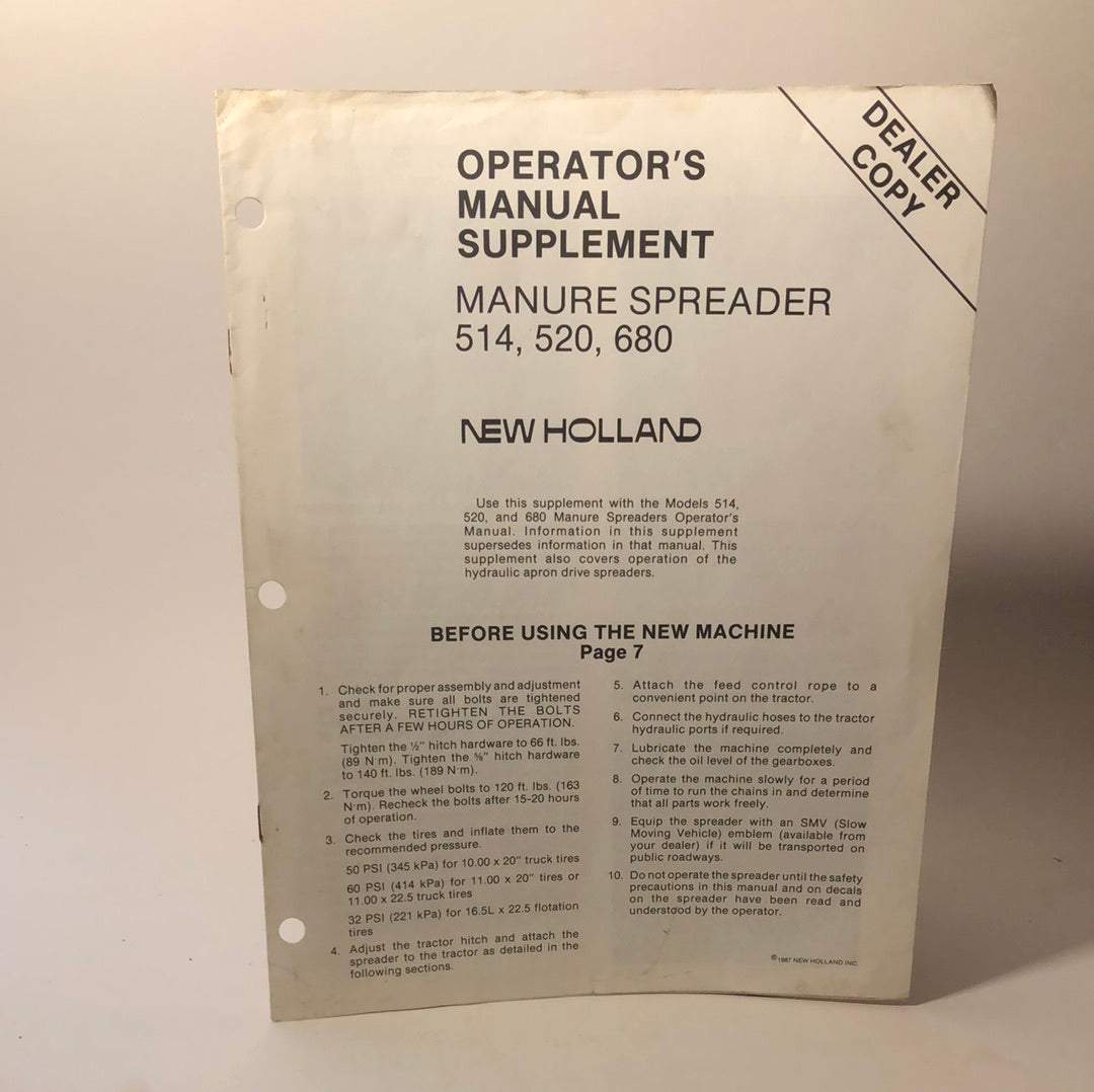 New Holland Manure Spreader 514, 520 & 680 Operator's Manual Supplement